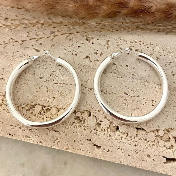 925 Sterling Silver Hoop Earrings Large Silver Hoops Chunky Earrings - Picture 1 of 5